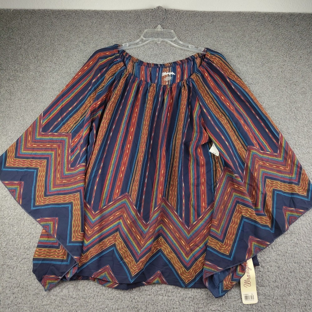 Wrangler Top Sz XL Blue Striped Chevron Bell Sleeve Chiffon Rodeo Cowgirl NWT